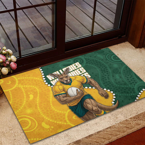 Australia Wallabies Rugby Mascot Rubber Doormat Indigenous Dot Art Style - Muscular Kangaroo Graphic
