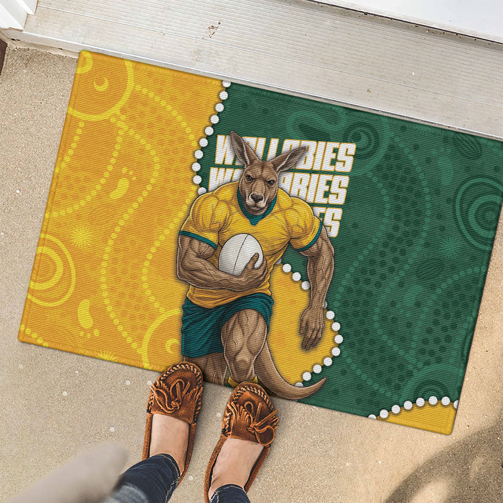 Australia Wallabies Rugby Mascot Rubber Doormat Indigenous Dot Art Style - Muscular Kangaroo Graphic