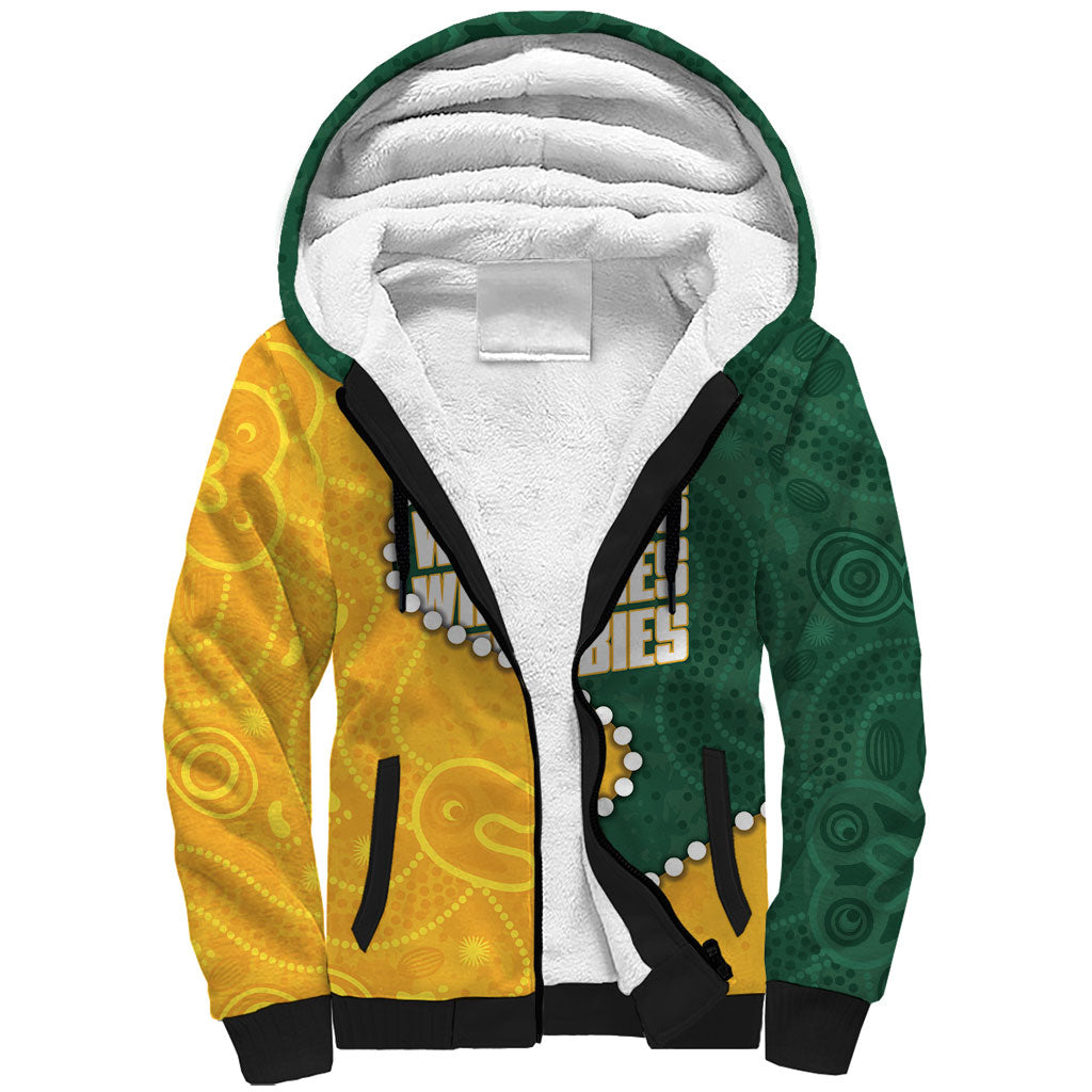 Australia Wallabies Rugby Mascot Sherpa Hoodie Indigenous Dot Art Style - Muscular Kangaroo Graphic
