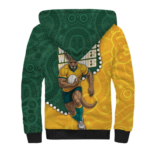 Australia Wallabies Rugby Mascot Sherpa Hoodie Indigenous Dot Art Style - Muscular Kangaroo Graphic