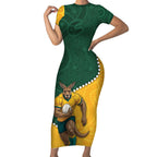 Australia Wallabies Rugby Mascot Short Sleeve Bodycon Dress Indigenous Dot Art Style - Muscular Kangaroo Graphic