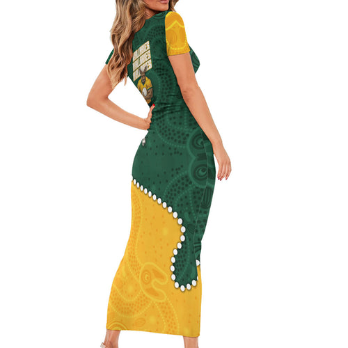 Australia Wallabies Rugby Mascot Short Sleeve Bodycon Dress Indigenous Dot Art Style - Muscular Kangaroo Graphic