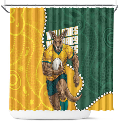 Australia Wallabies Rugby Mascot Shower Curtain Indigenous Dot Art Style - Muscular Kangaroo Graphic