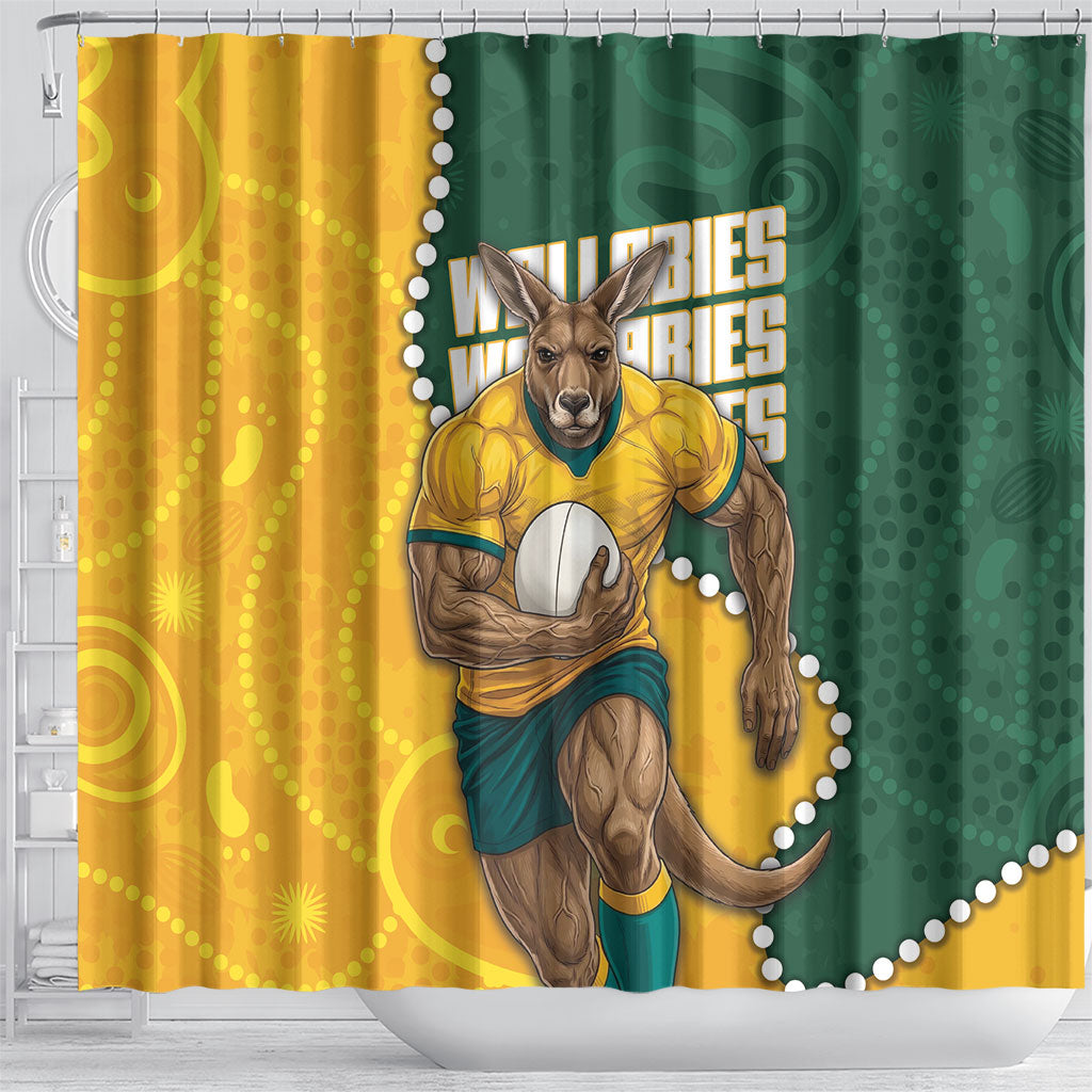 Australia Wallabies Rugby Mascot Shower Curtain Indigenous Dot Art Style - Muscular Kangaroo Graphic
