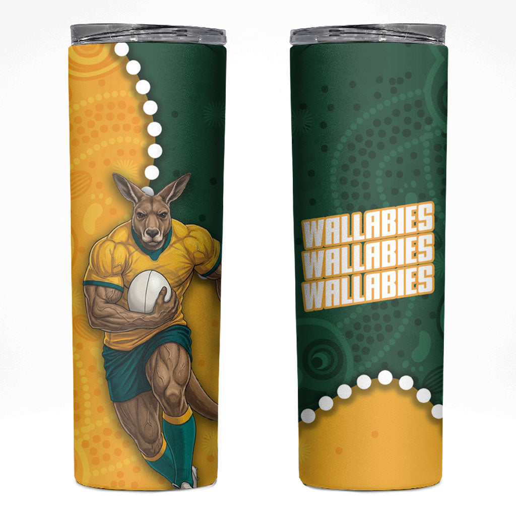 Australia Wallabies Rugby Mascot Skinny Tumbler Indigenous Dot Art Style - Muscular Kangaroo Graphic