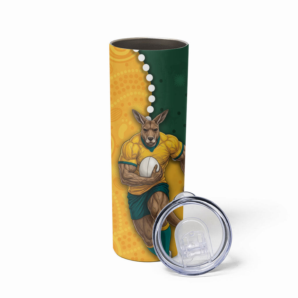Australia Wallabies Rugby Mascot Skinny Tumbler Indigenous Dot Art Style - Muscular Kangaroo Graphic