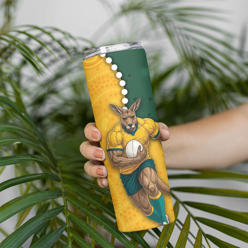 Australia Wallabies Rugby Mascot Skinny Tumbler Indigenous Dot Art Style - Muscular Kangaroo Graphic