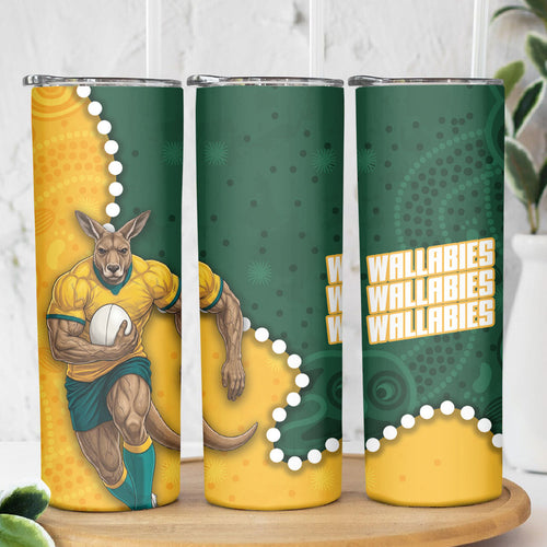 Australia Wallabies Rugby Mascot Skinny Tumbler Indigenous Dot Art Style - Muscular Kangaroo Graphic