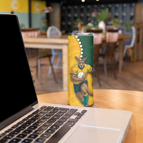 Australia Wallabies Rugby Mascot Skinny Tumbler Indigenous Dot Art Style - Muscular Kangaroo Graphic