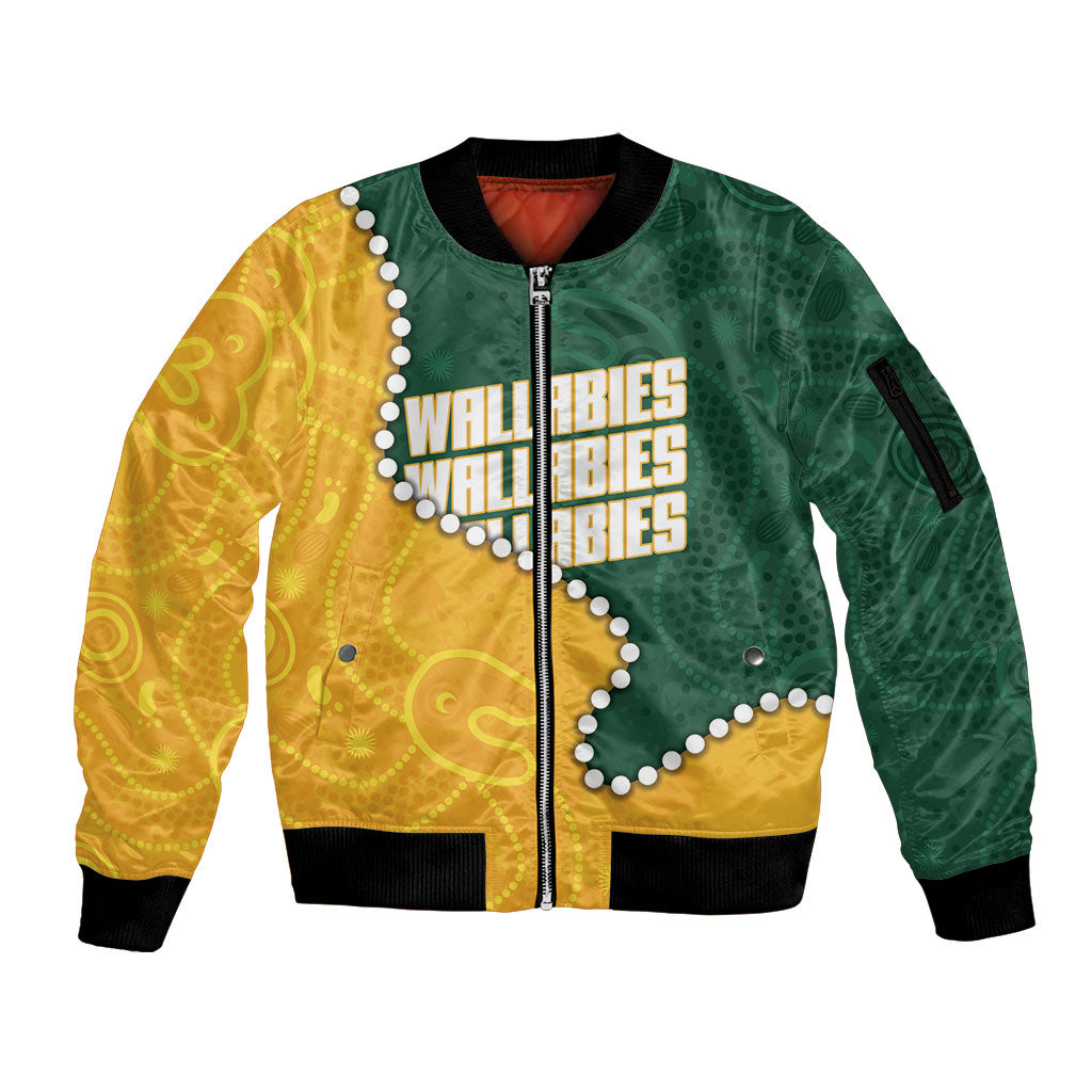 Australia Wallabies Rugby Mascot Sleeve Zip Bomber Jacket Indigenous Dot Art Style - Muscular Kangaroo Graphic