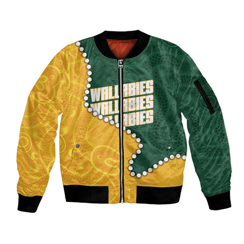 Australia Wallabies Rugby Mascot Sleeve Zip Bomber Jacket Indigenous Dot Art Style - Muscular Kangaroo Graphic