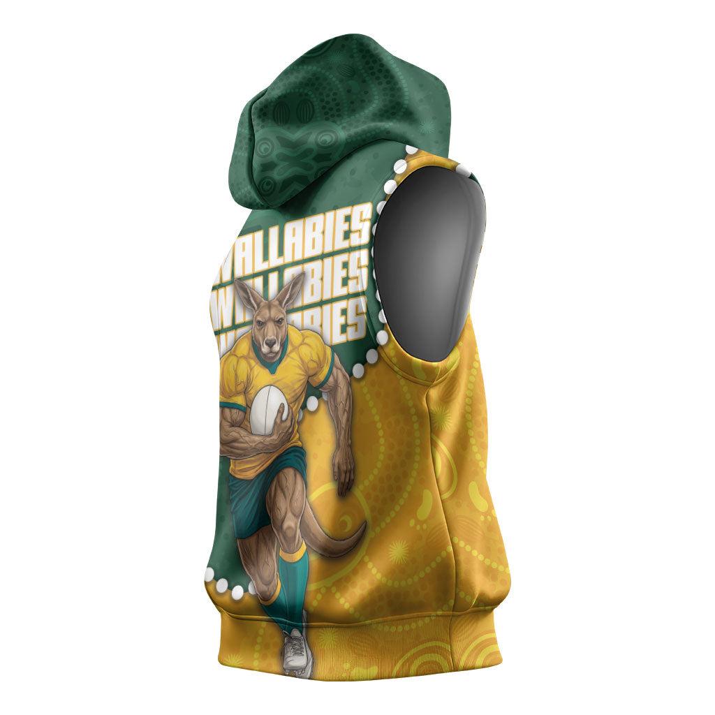 Australia Wallabies Rugby Mascot Sleeveless Hoodie Indigenous Dot Art Style - Muscular Kangaroo Graphic