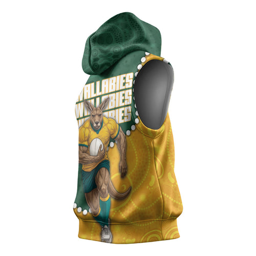 Australia Wallabies Rugby Mascot Sleeveless Hoodie Indigenous Dot Art Style - Muscular Kangaroo Graphic