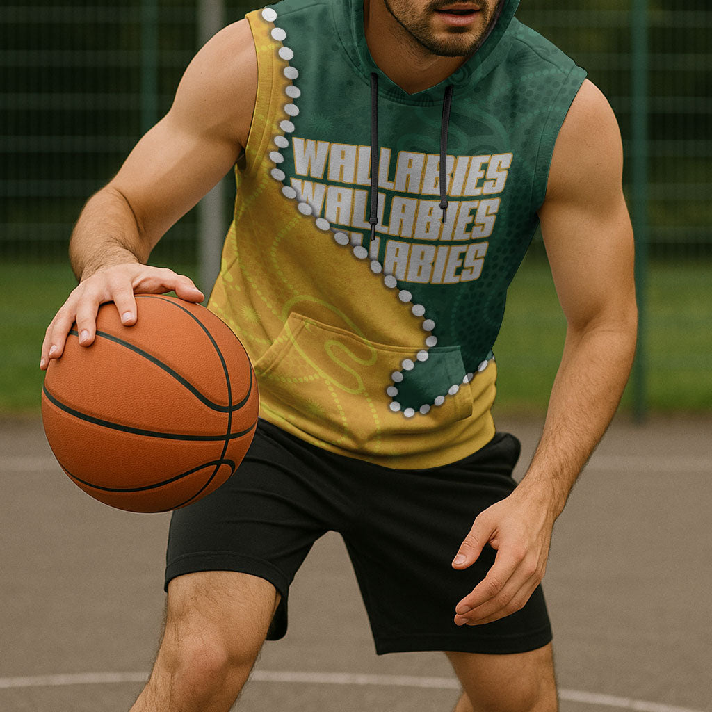 Australia Wallabies Rugby Mascot Sleeveless Hoodie Indigenous Dot Art Style - Muscular Kangaroo Graphic