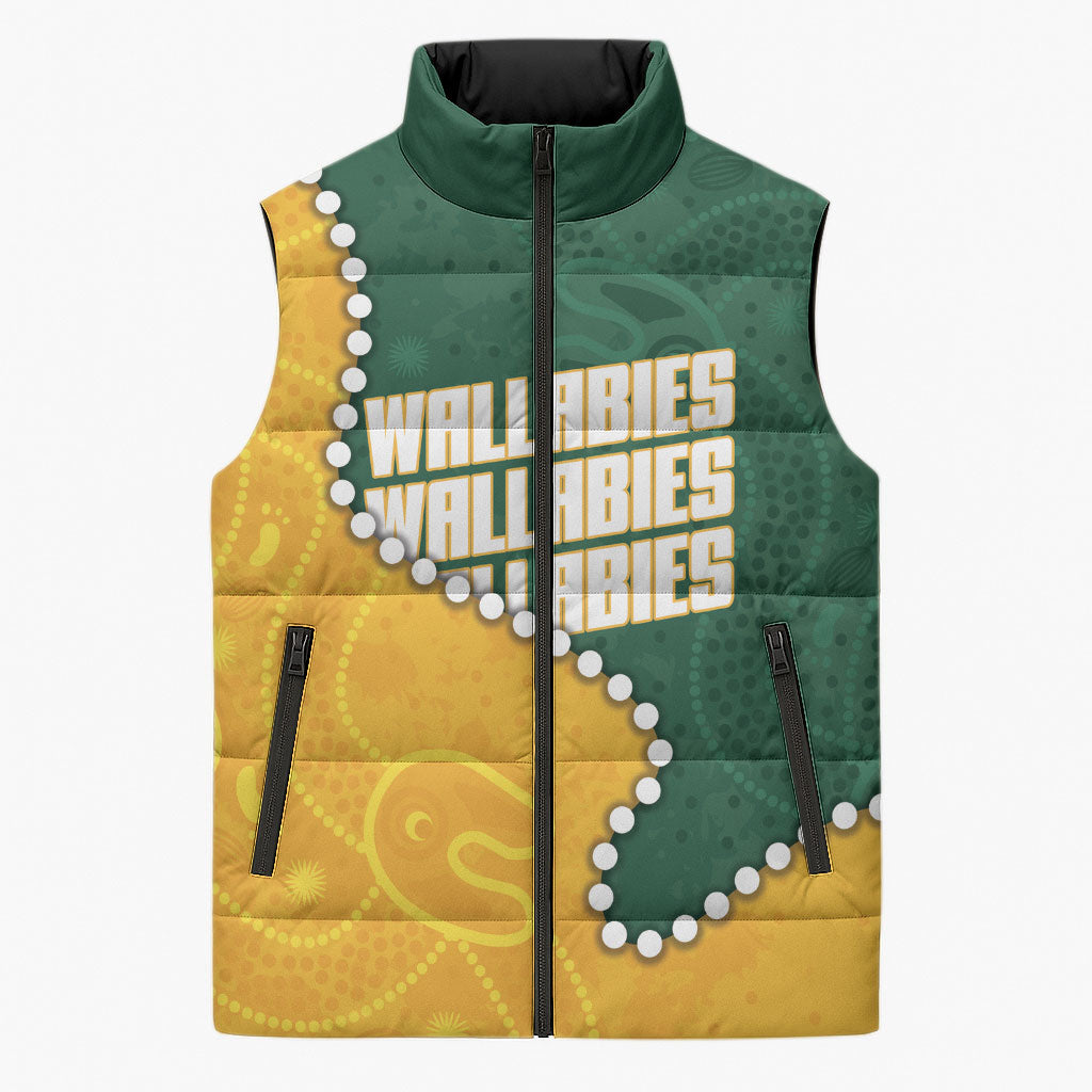 Australia Wallabies Rugby Mascot Sleeveless Puffer Jacket Indigenous Dot Art Style - Muscular Kangaroo Graphic