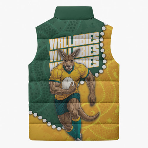 Australia Wallabies Rugby Mascot Sleeveless Puffer Jacket Indigenous Dot Art Style - Muscular Kangaroo Graphic