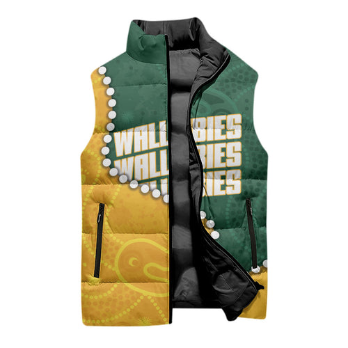 Australia Wallabies Rugby Mascot Sleeveless Puffer Jacket Indigenous Dot Art Style - Muscular Kangaroo Graphic
