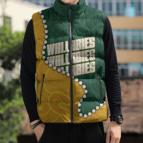 Australia Wallabies Rugby Mascot Sleeveless Puffer Jacket Indigenous Dot Art Style - Muscular Kangaroo Graphic