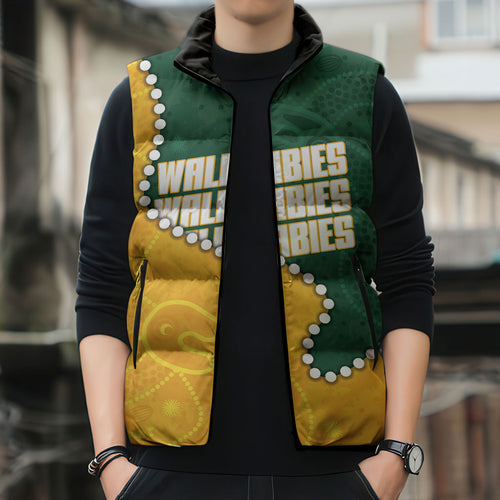 Australia Wallabies Rugby Mascot Sleeveless Puffer Jacket Indigenous Dot Art Style - Muscular Kangaroo Graphic