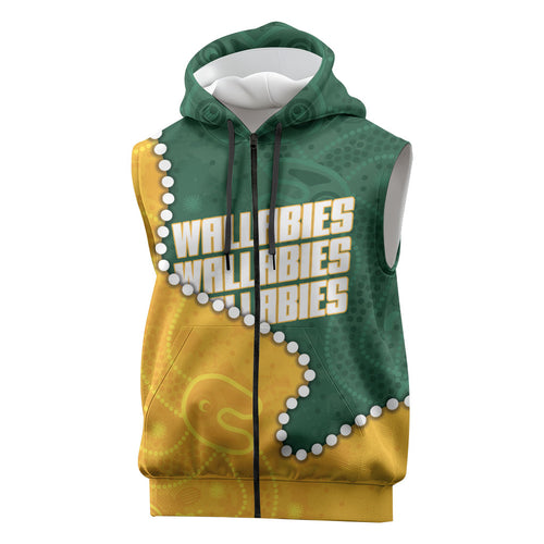 Australia Wallabies Rugby Mascot Sleeveless Zip Hoodie Indigenous Dot Art Style - Muscular Kangaroo Graphic