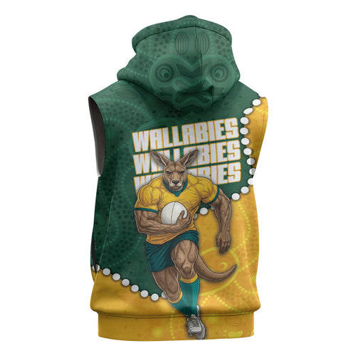 Australia Wallabies Rugby Mascot Sleeveless Zip Hoodie Indigenous Dot Art Style - Muscular Kangaroo Graphic