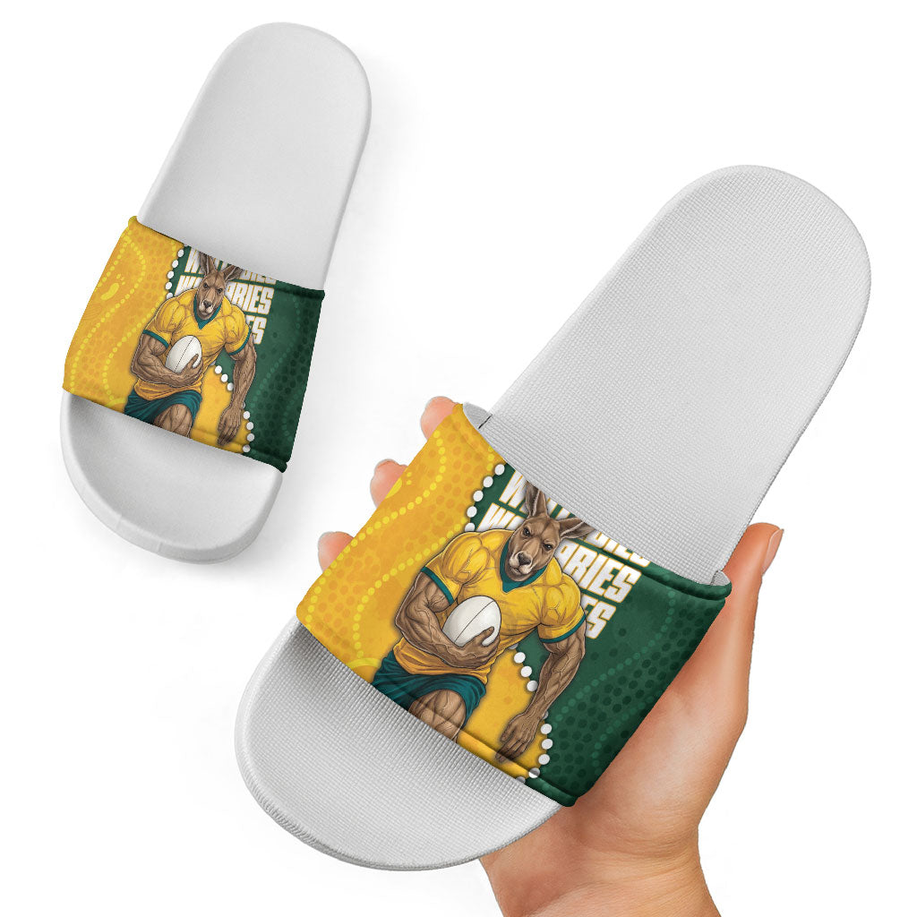 Australia Wallabies Rugby Mascot Slide Sandals Indigenous Dot Art Style - Muscular Kangaroo Graphic