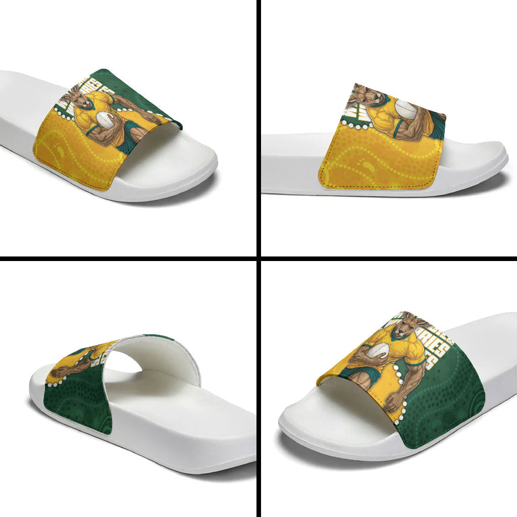 Australia Wallabies Rugby Mascot Slide Sandals Indigenous Dot Art Style - Muscular Kangaroo Graphic
