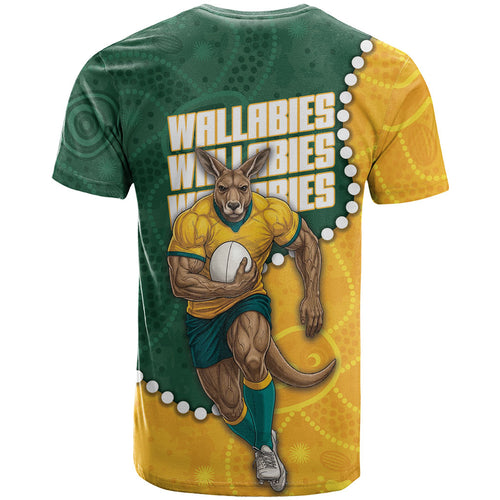 Australia Wallabies Rugby Mascot T Shirt Indigenous Dot Art Style - Muscular Kangaroo Graphic