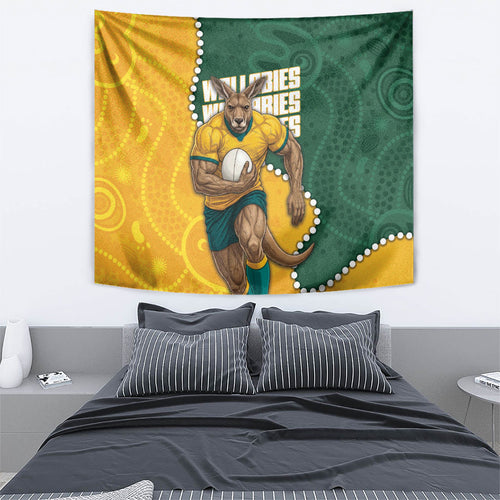 Australia Wallabies Rugby Mascot Tapestry Indigenous Dot Art Style - Muscular Kangaroo Graphic
