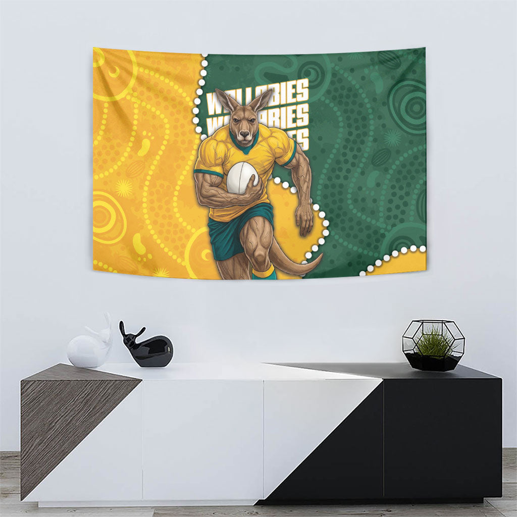 Australia Wallabies Rugby Mascot Tapestry Indigenous Dot Art Style - Muscular Kangaroo Graphic