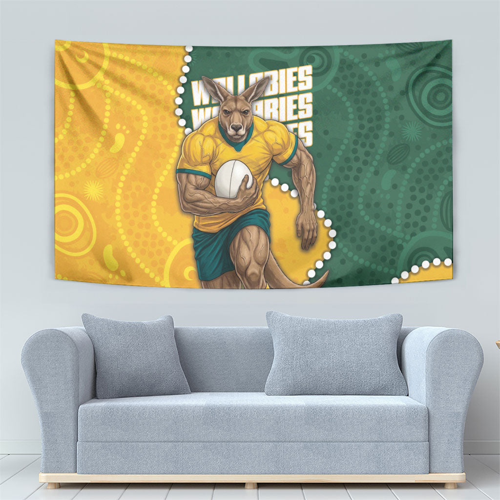 Australia Wallabies Rugby Mascot Tapestry Indigenous Dot Art Style - Muscular Kangaroo Graphic
