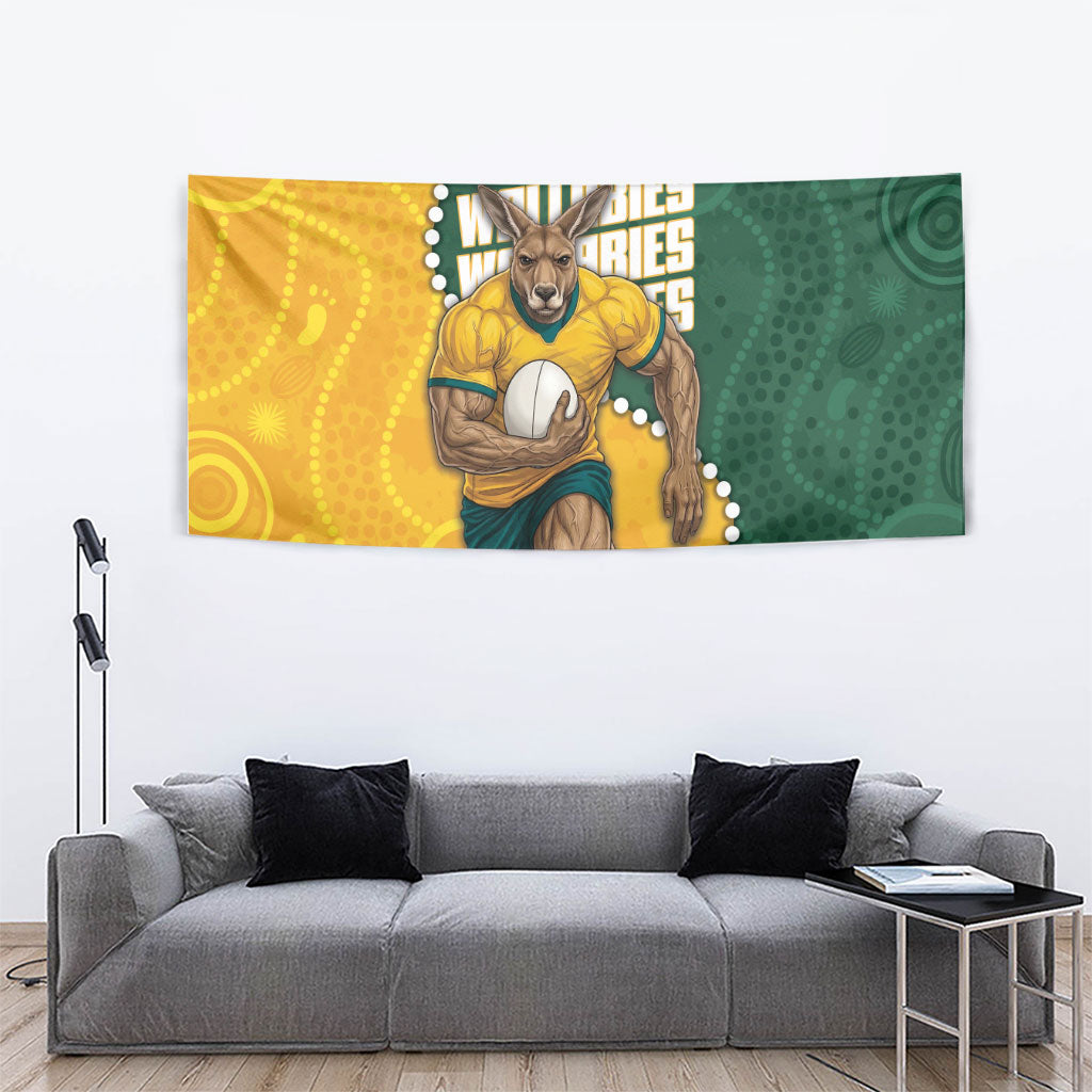 Australia Wallabies Rugby Mascot Tapestry Indigenous Dot Art Style - Muscular Kangaroo Graphic