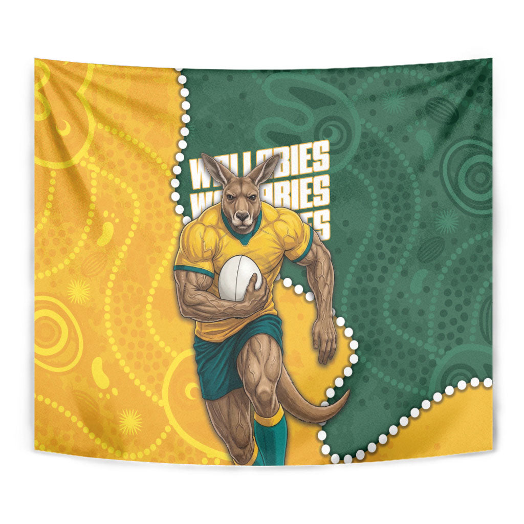Australia Wallabies Rugby Mascot Tapestry Indigenous Dot Art Style - Muscular Kangaroo Graphic