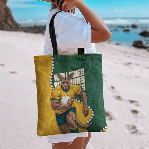 Australia Wallabies Rugby Mascot Tote Bag Indigenous Dot Art Style - Muscular Kangaroo Graphic