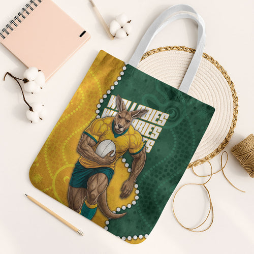 Australia Wallabies Rugby Mascot Tote Bag Indigenous Dot Art Style - Muscular Kangaroo Graphic