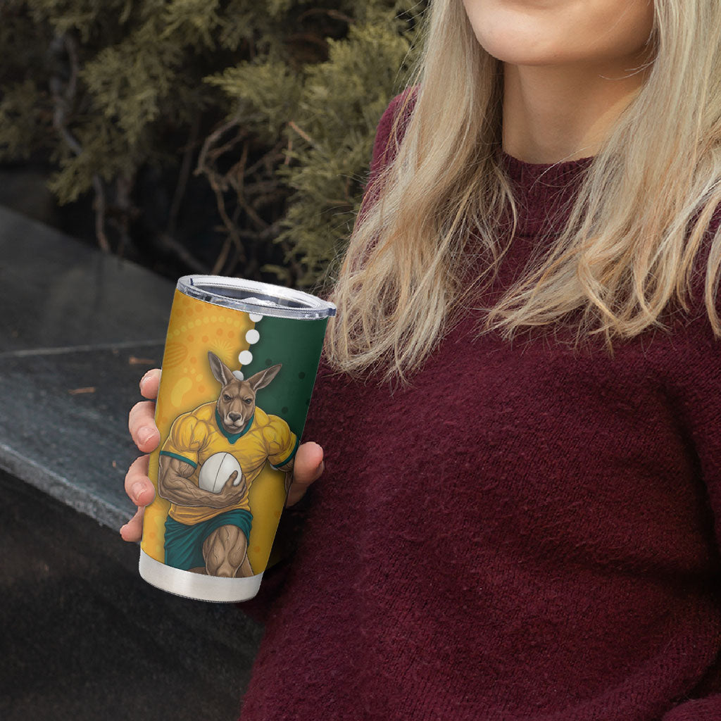 Australia Wallabies Rugby Mascot Tumbler Cup Indigenous Dot Art Style - Muscular Kangaroo Graphic