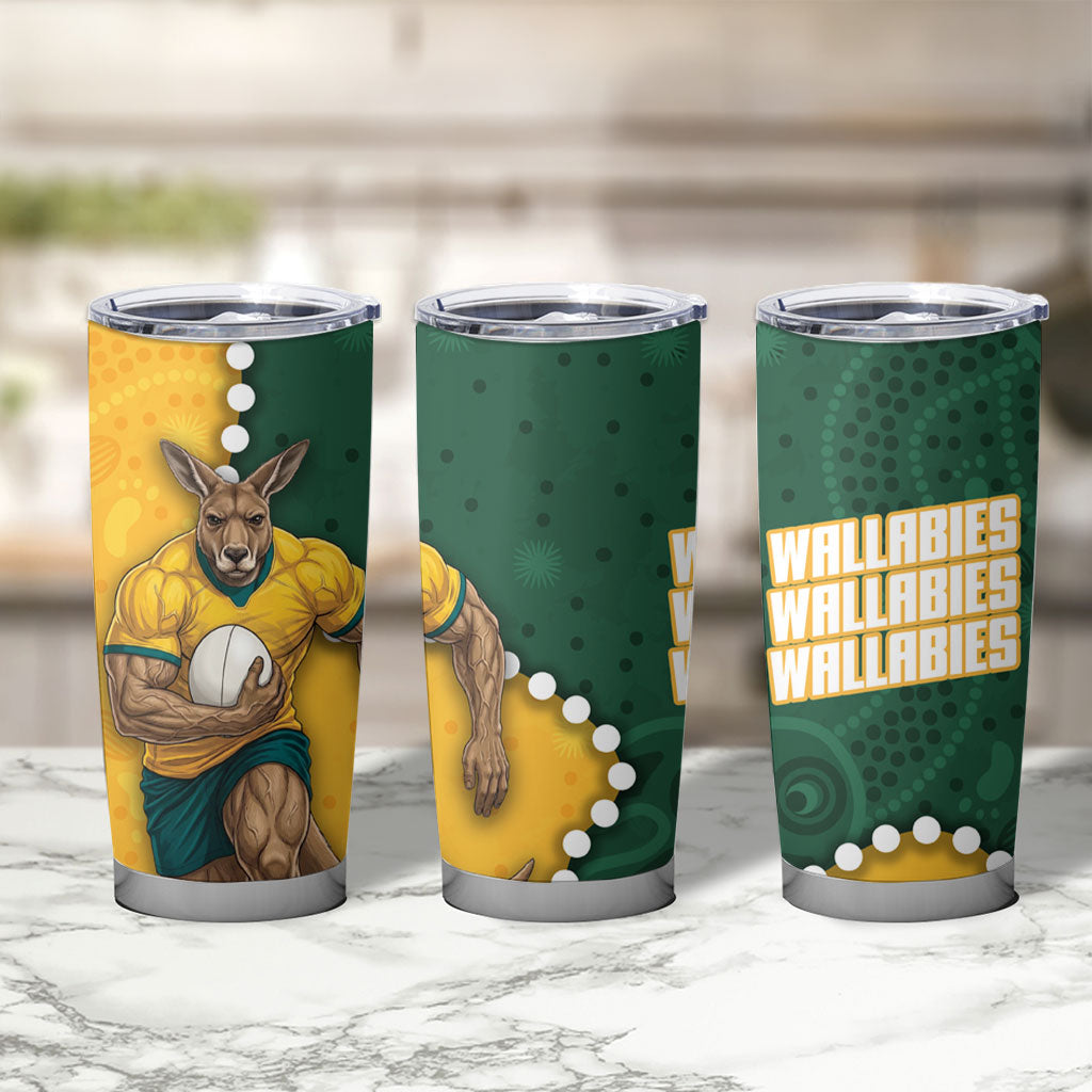 Australia Wallabies Rugby Mascot Tumbler Cup Indigenous Dot Art Style - Muscular Kangaroo Graphic