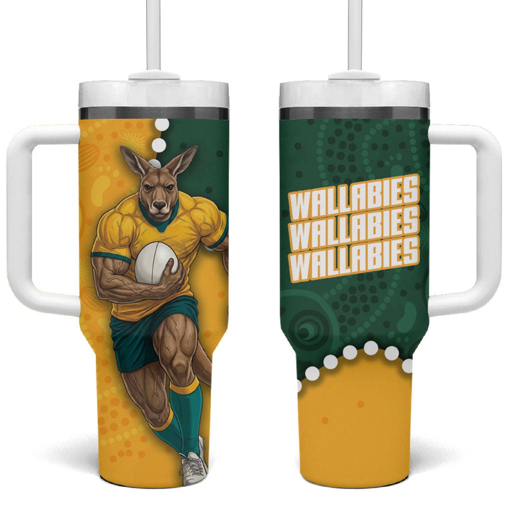 Australia Wallabies Rugby Mascot Tumbler With Handle Indigenous Dot Art Style - Muscular Kangaroo Graphic