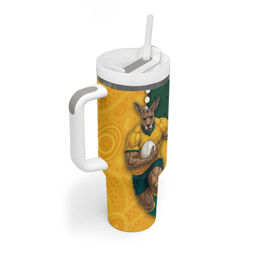 Australia Wallabies Rugby Mascot Tumbler With Handle Indigenous Dot Art Style - Muscular Kangaroo Graphic