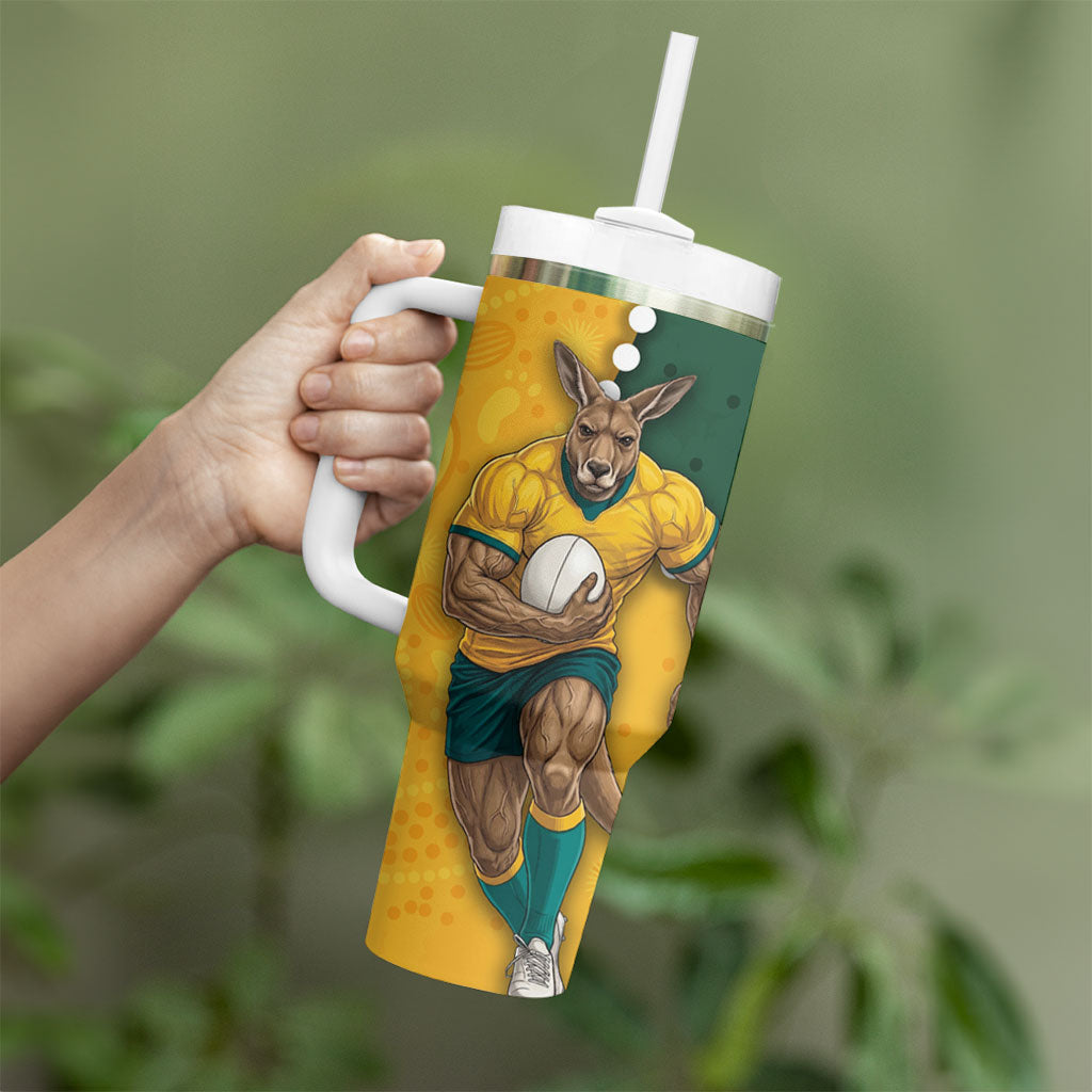 Australia Wallabies Rugby Mascot Tumbler With Handle Indigenous Dot Art Style - Muscular Kangaroo Graphic