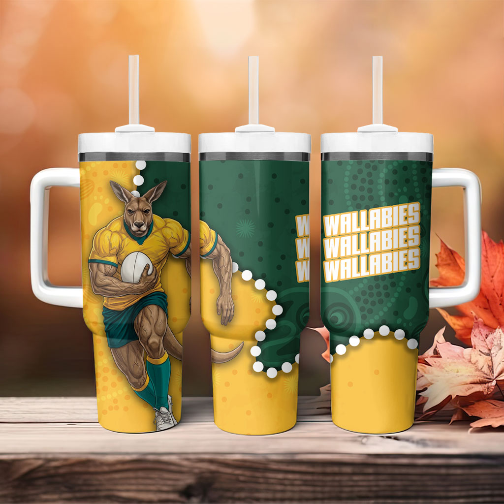 Australia Wallabies Rugby Mascot Tumbler With Handle Indigenous Dot Art Style - Muscular Kangaroo Graphic