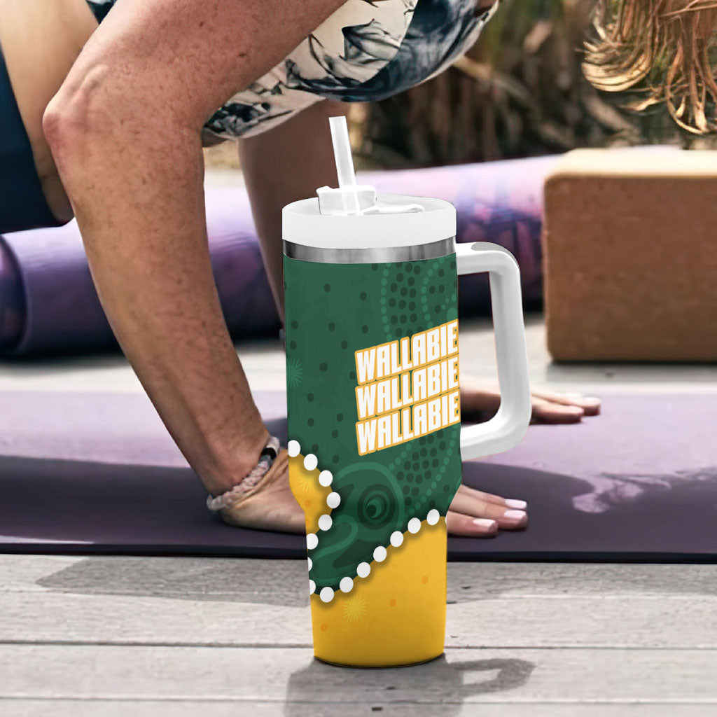 Australia Wallabies Rugby Mascot Tumbler With Handle Indigenous Dot Art Style - Muscular Kangaroo Graphic