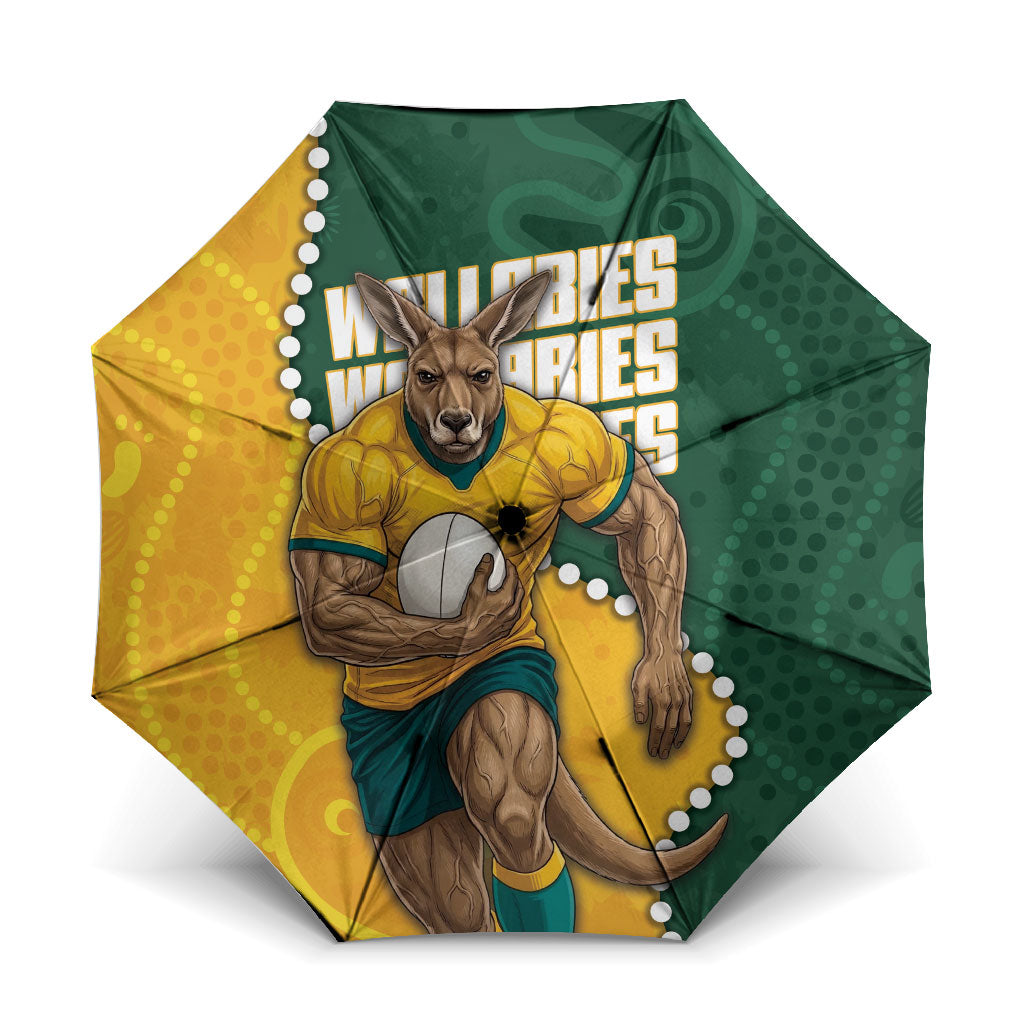 Australia Wallabies Rugby Mascot Umbrella Indigenous Dot Art Style - Muscular Kangaroo Graphic