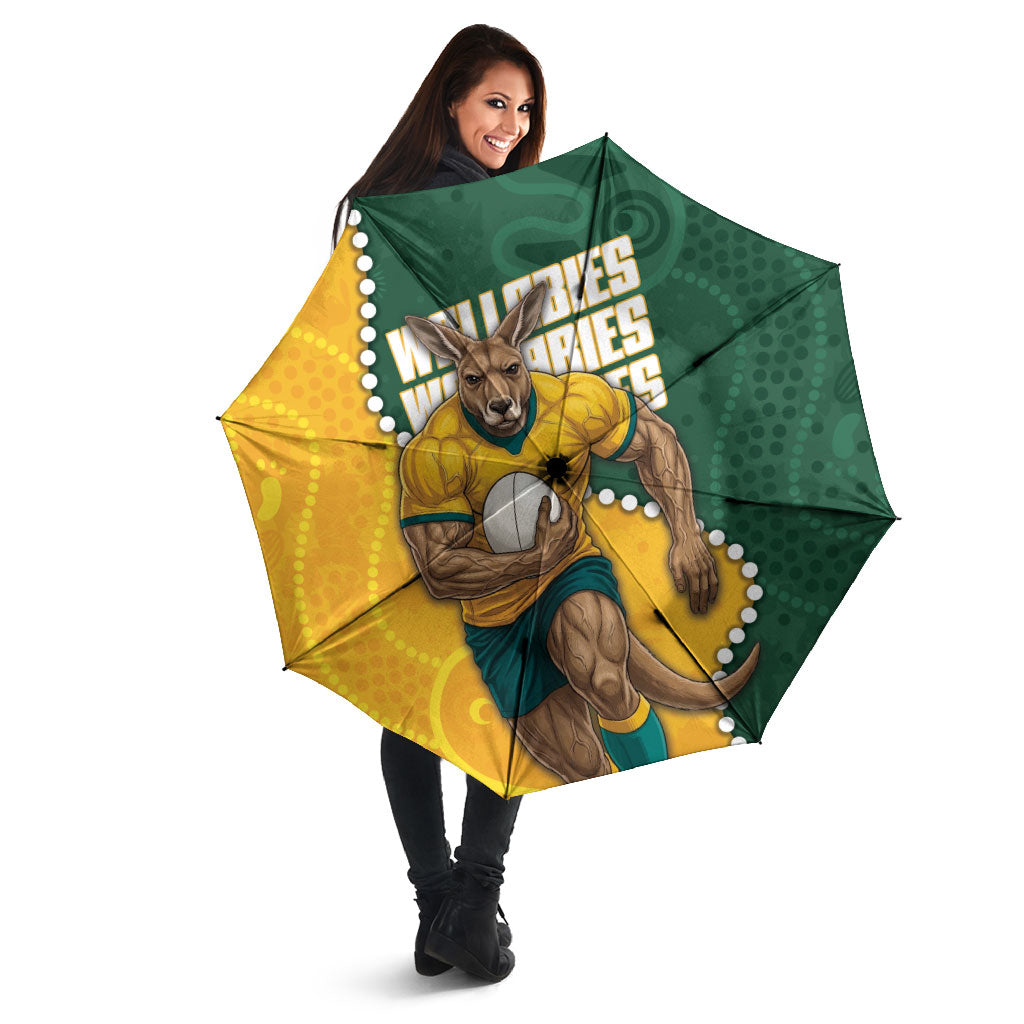 Australia Wallabies Rugby Mascot Umbrella Indigenous Dot Art Style - Muscular Kangaroo Graphic