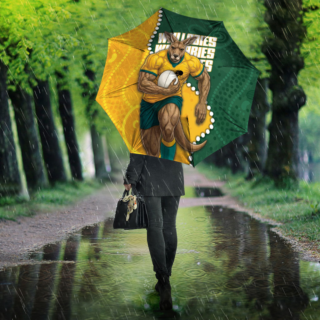 Australia Wallabies Rugby Mascot Umbrella Indigenous Dot Art Style - Muscular Kangaroo Graphic