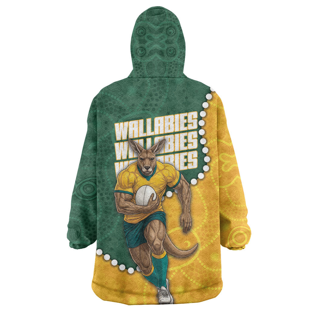 Australia Wallabies Rugby Mascot Wearable Blanket Hoodie Indigenous Dot Art Style - Muscular Kangaroo Graphic