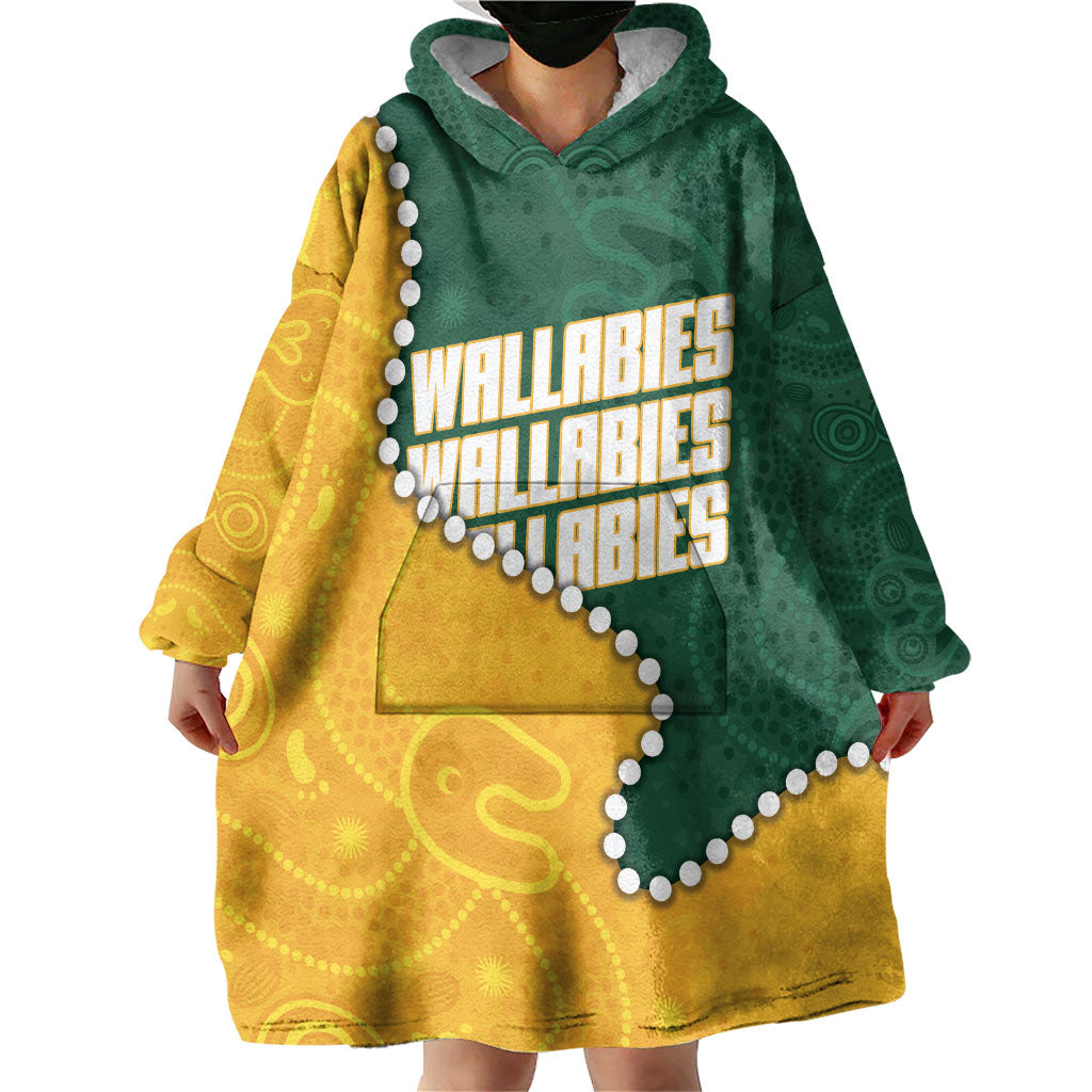 Australia Wallabies Rugby Mascot Wearable Blanket Hoodie Indigenous Dot Art Style - Muscular Kangaroo Graphic