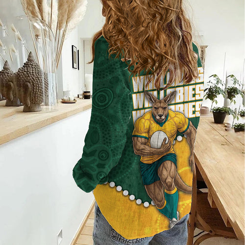 Australia Wallabies Rugby Mascot Women Casual Shirt Indigenous Dot Art Style - Muscular Kangaroo Graphic