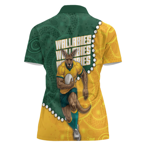 Australia Wallabies Rugby Mascot Women Polo Shirt Indigenous Dot Art Style - Muscular Kangaroo Graphic