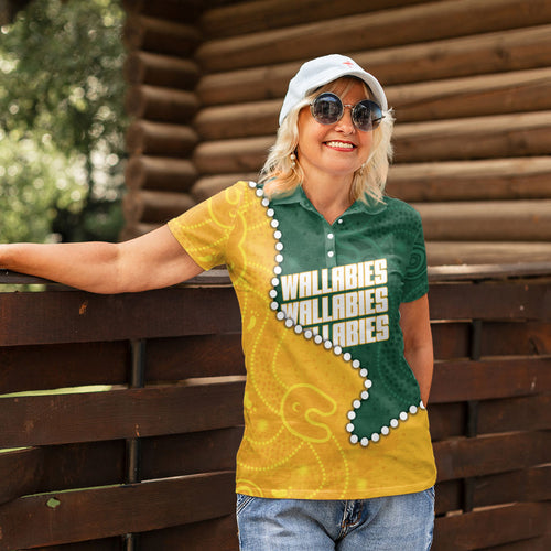 Australia Wallabies Rugby Mascot Women Polo Shirt Indigenous Dot Art Style - Muscular Kangaroo Graphic